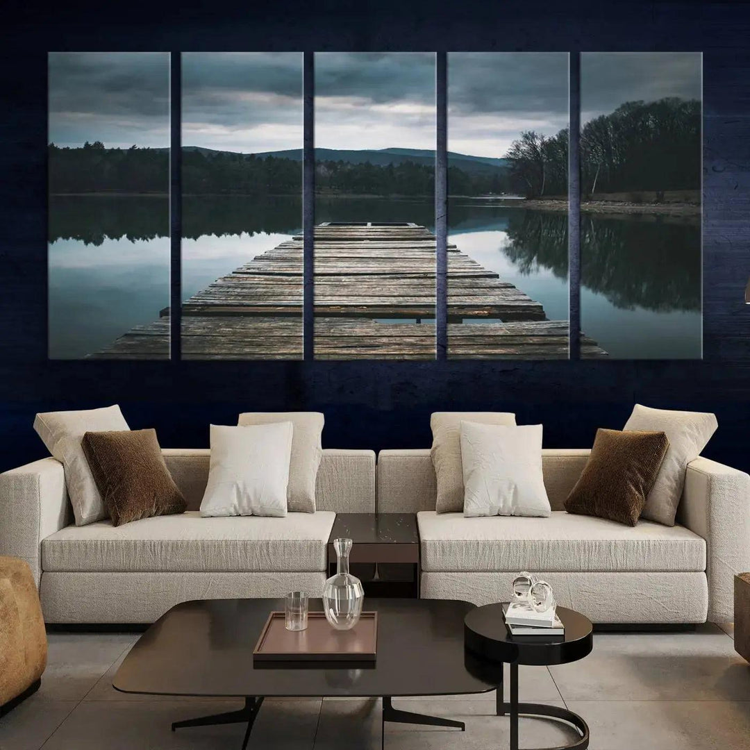 Old Wood Pier Mountain Lake Large Canvas Art Print for Wall Decor