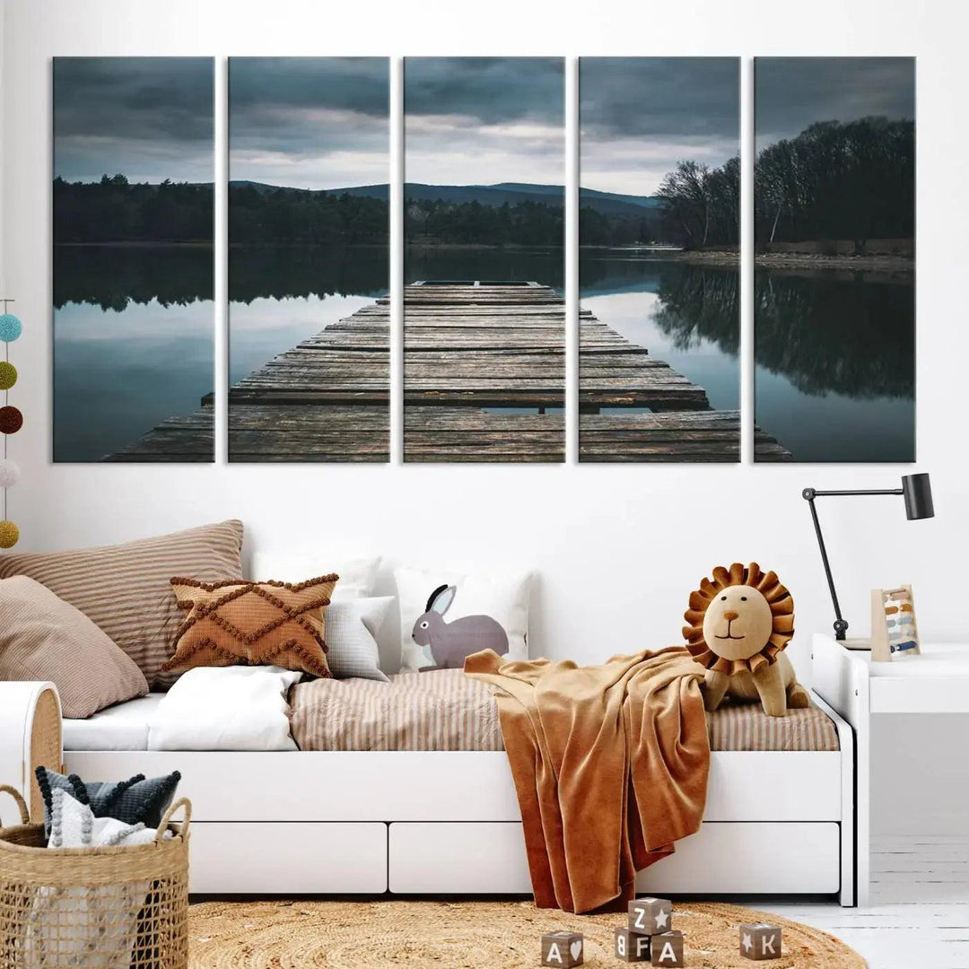 Old Wood Pier Mountain Lake Large Canvas Art Print for Wall Decor