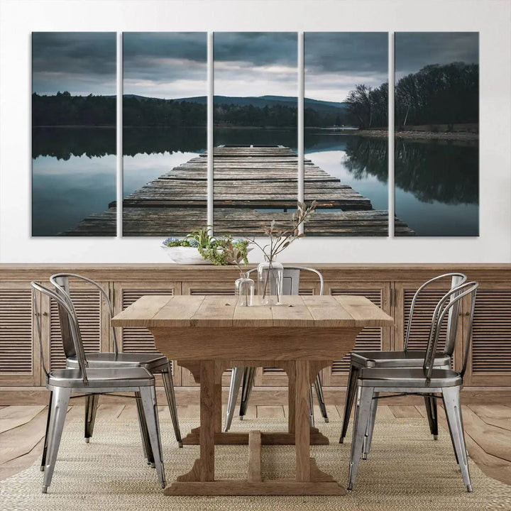 Old Wood Pier Mountain Lake Large Canvas Art Print for Wall Decor