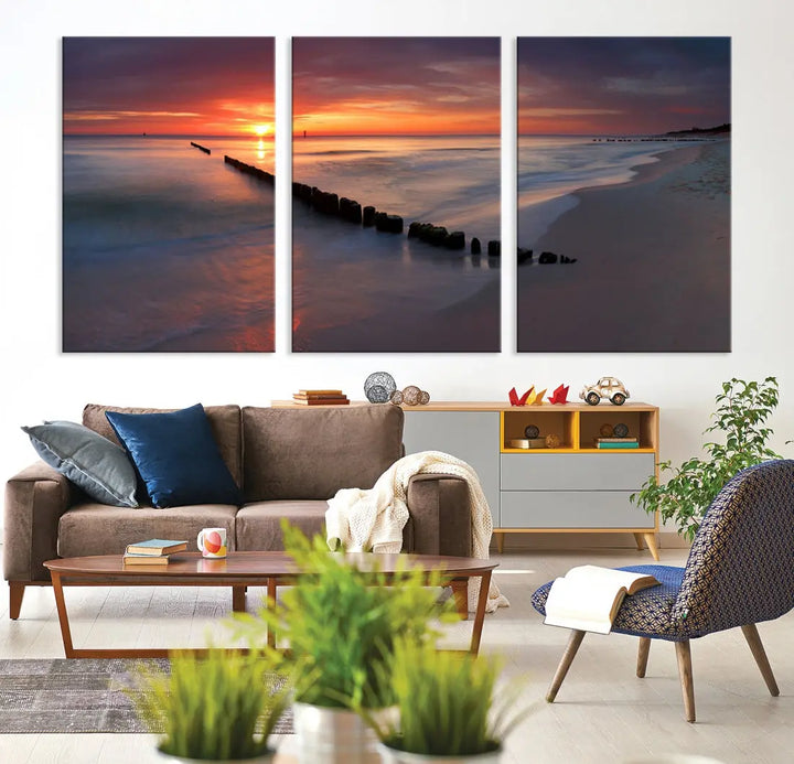 Old Wooden Pier on Beach and Sunset Canvas Wall Art Print for Living Room