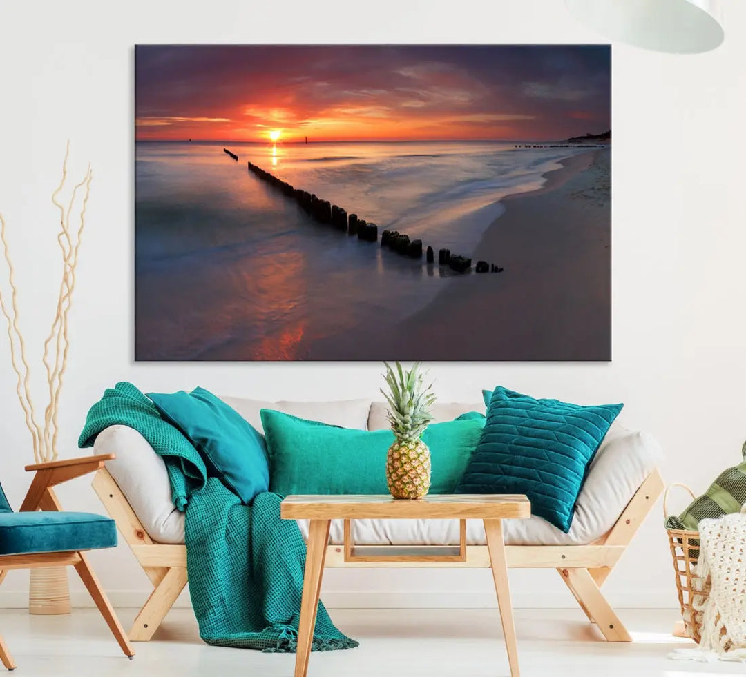 Old Wooden Pier on Beach and Sunset Canvas Wall Art Print for Living Room