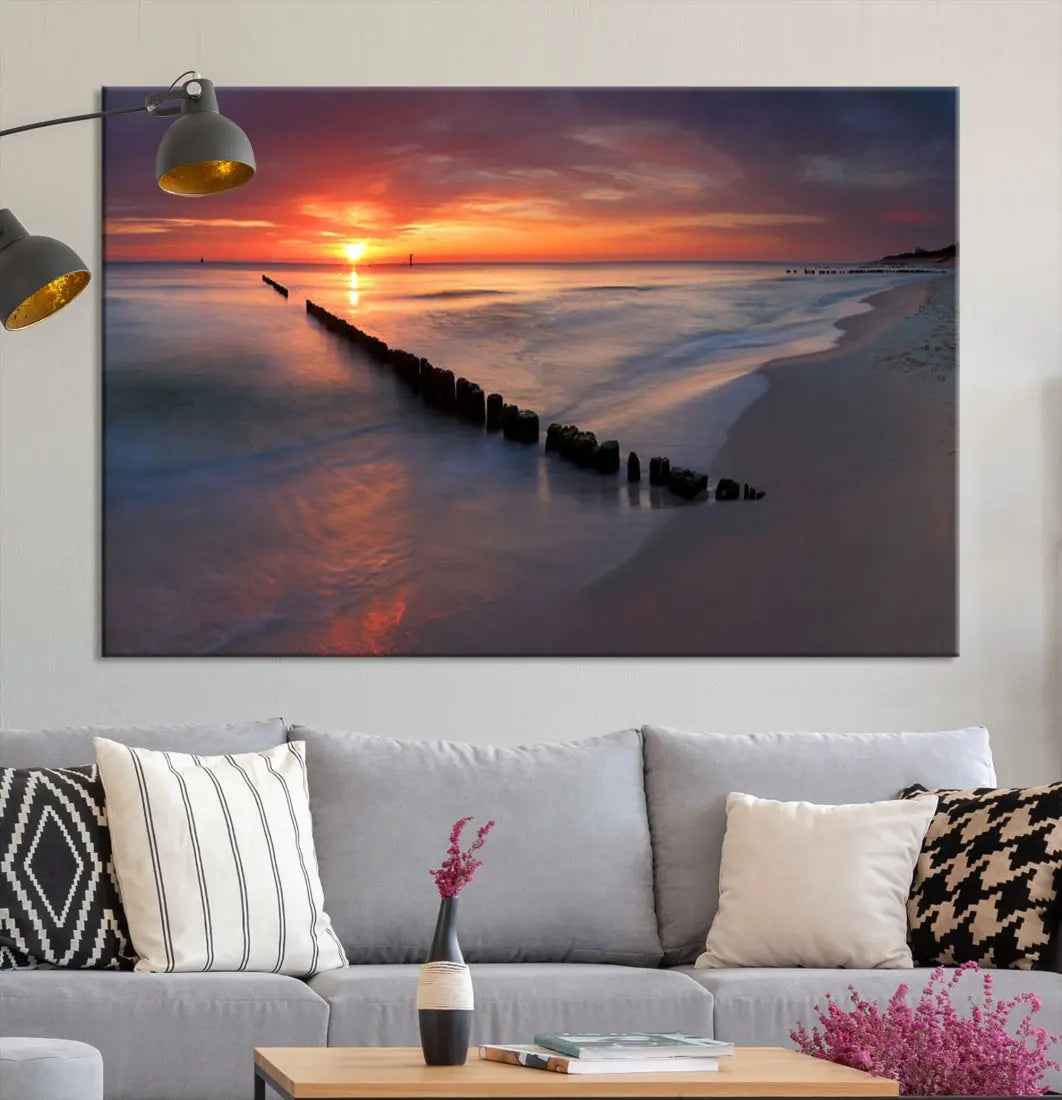 Old Wooden Pier on Beach and Sunset Canvas Wall Art Print for Living Room