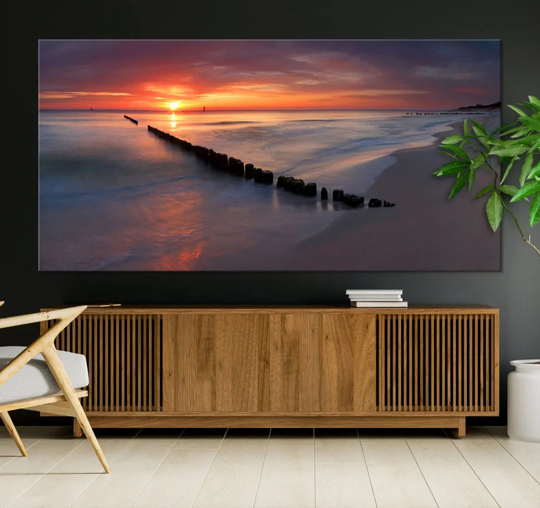 Old Wooden Pier on Beach and Sunset Canvas Wall Art Print for Living Room