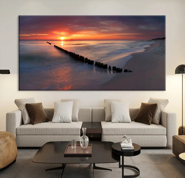 Old Wooden Pier on Beach and Sunset Canvas Wall Art Print for Living Room