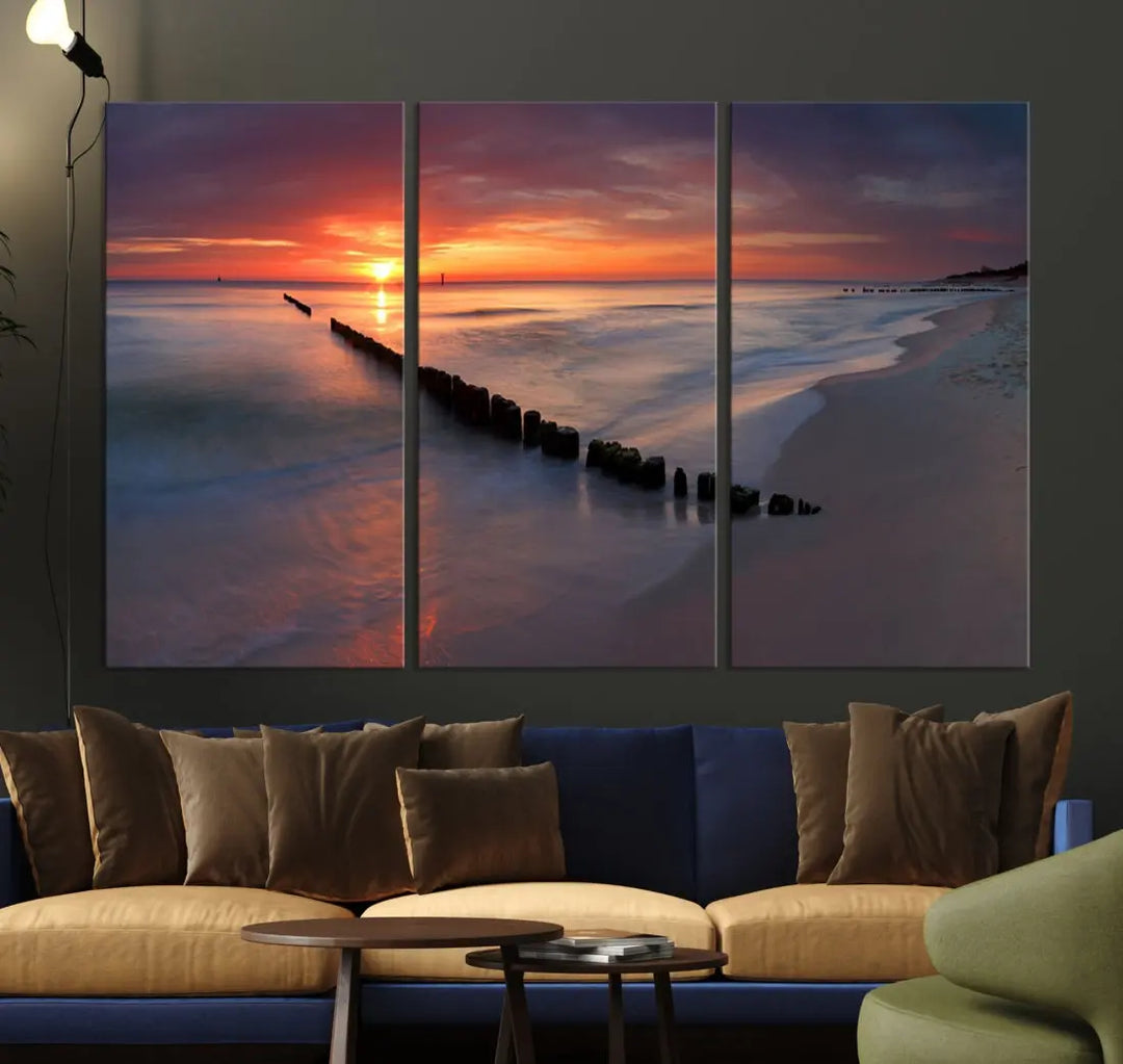 Old Wooden Pier on Beach and Sunset Canvas Wall Art Print for Living Room