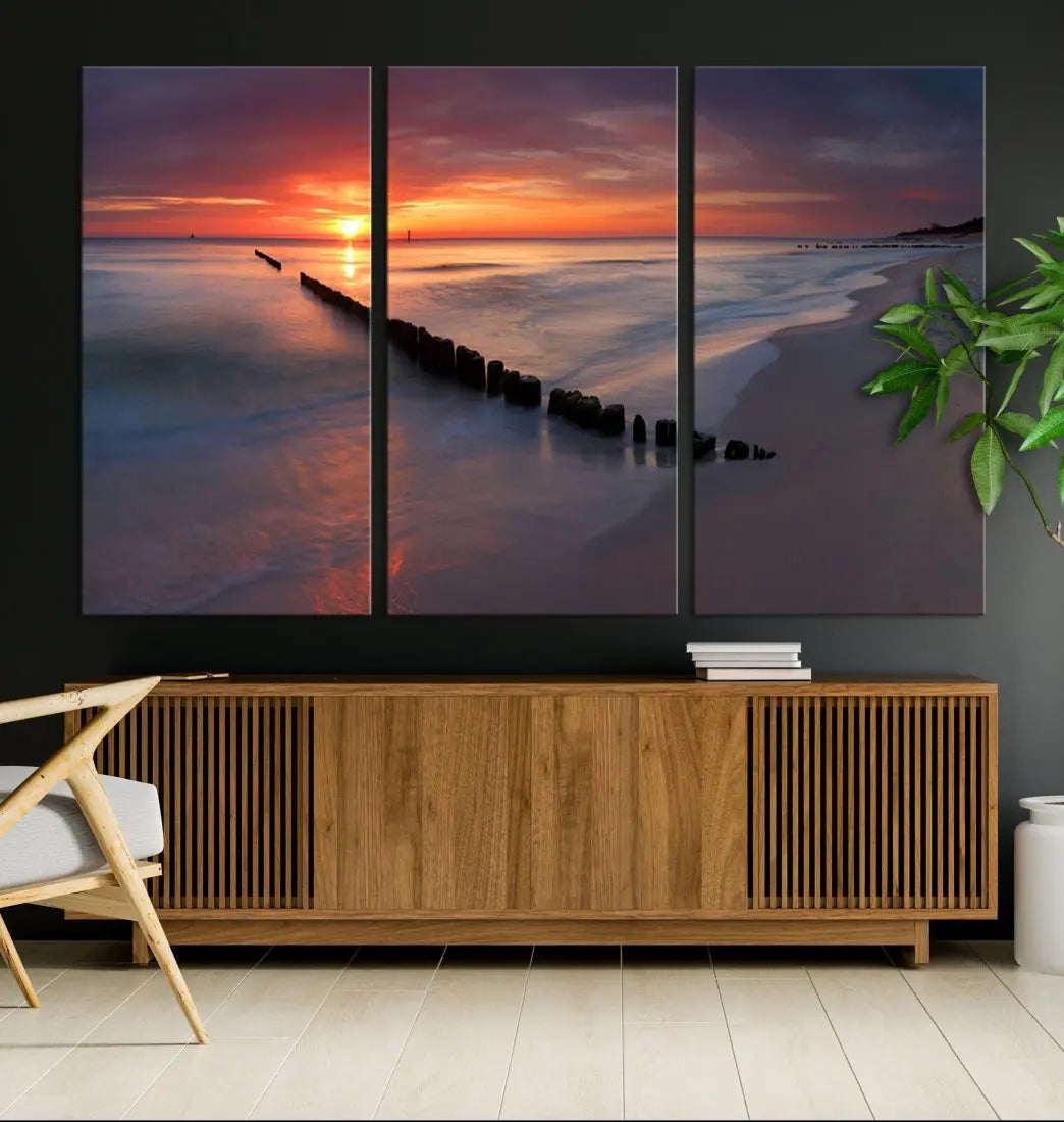 Old Wooden Pier on Beach and Sunset Canvas Wall Art Print for Living Room