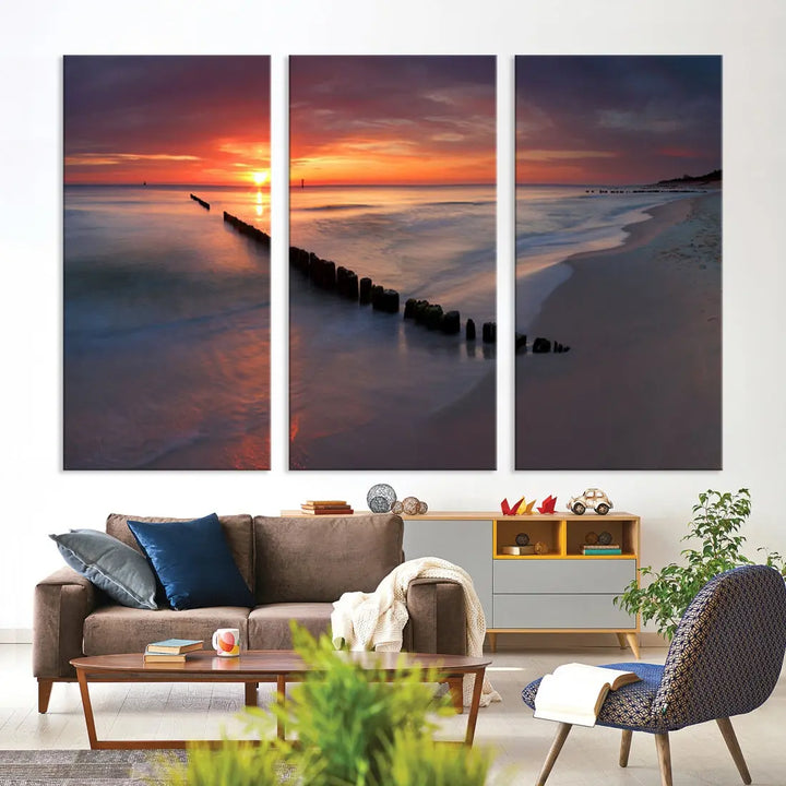 Old Wooden Pier on Beach and Sunset Canvas Wall Art Print for Living Room