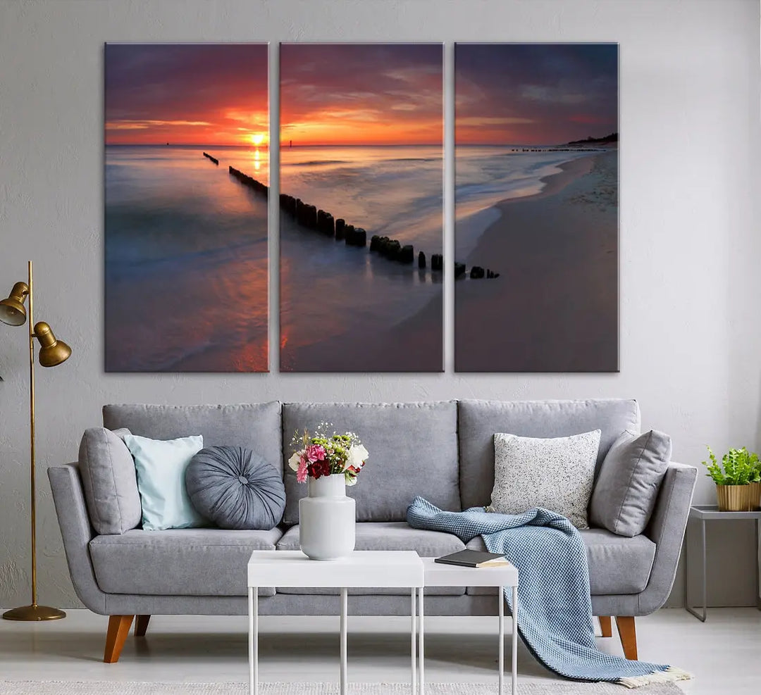 Old Wooden Pier on Beach and Sunset Canvas Wall Art Print for Living Room