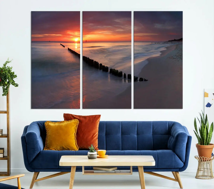 Old Wooden Pier on Beach and Sunset Canvas Wall Art Print for Living Room