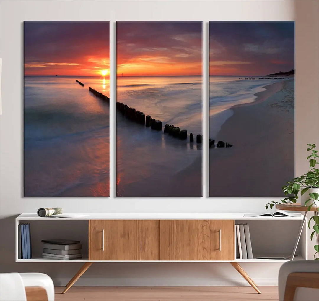 Old Wooden Pier on Beach and Sunset Canvas Wall Art Print for Living Room