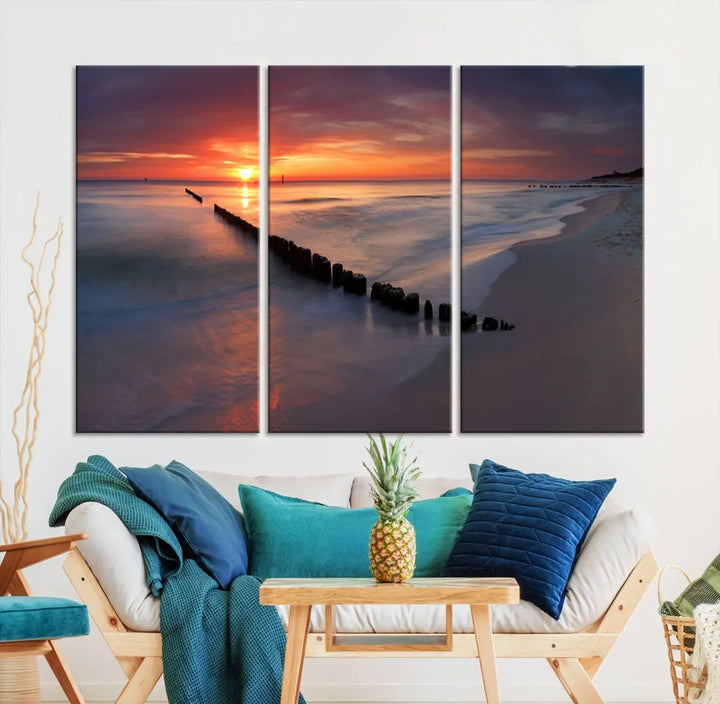 Old Wooden Pier on Beach and Sunset Canvas Wall Art Print for Living Room