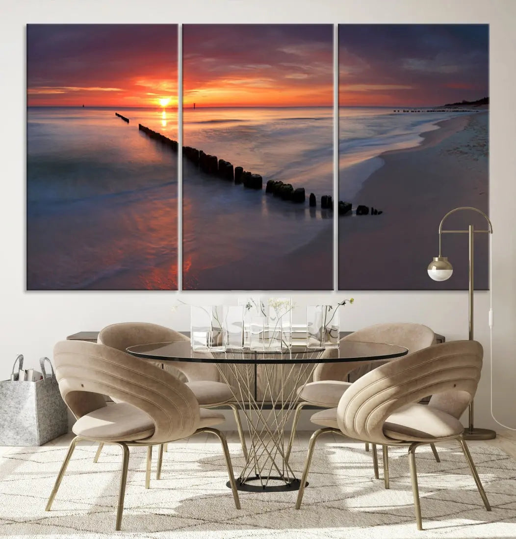 Old Wooden Pier on Beach and Sunset Canvas Wall Art Print for Living Room