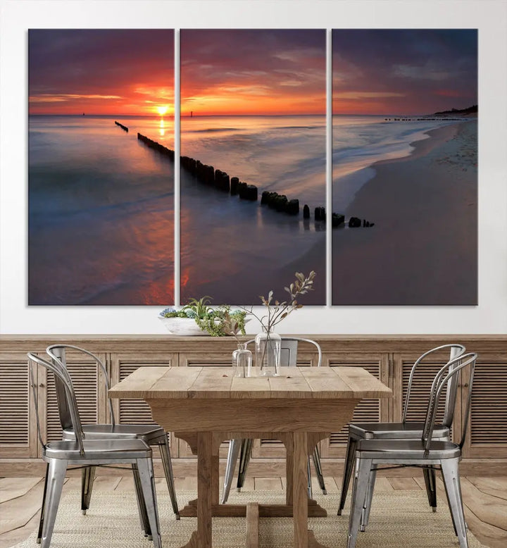 Old Wooden Pier on Beach and Sunset Canvas Wall Art Print for Living Room