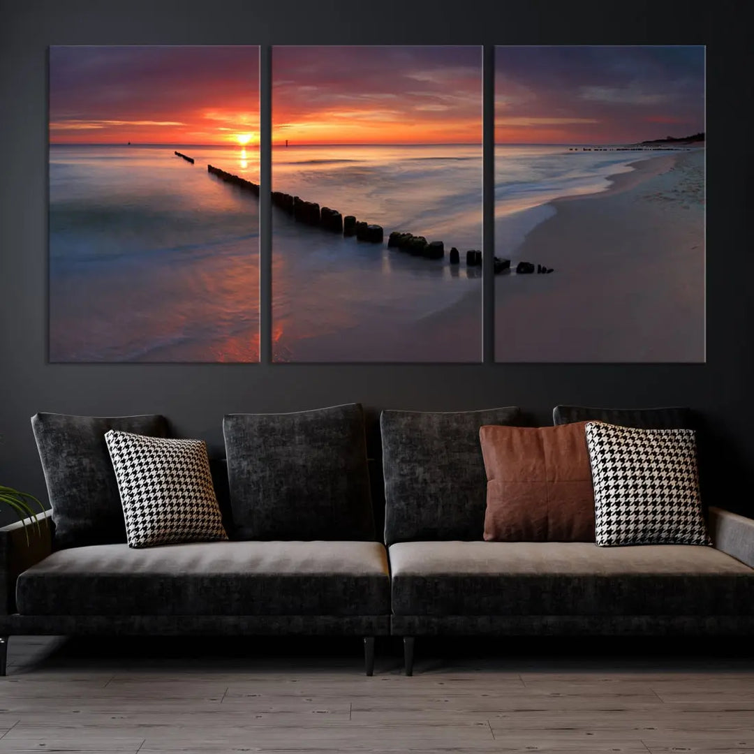 Old Wooden Pier on Beach and Sunset Canvas Wall Art Print for Living Room