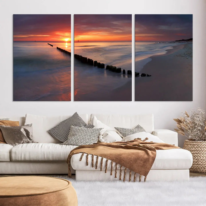 Old Wooden Pier on Beach and Sunset Canvas Wall Art Print for Living Room