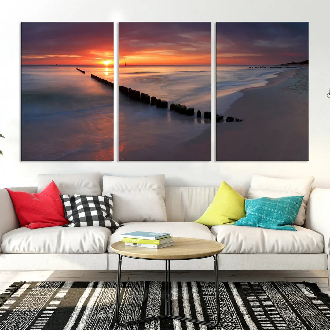 Old Wooden Pier on Beach and Sunset Canvas Wall Art Print for Living Room