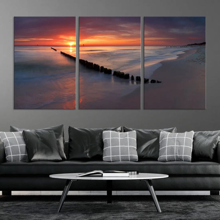 Old Wooden Pier on Beach and Sunset Canvas Wall Art Print for Living Room