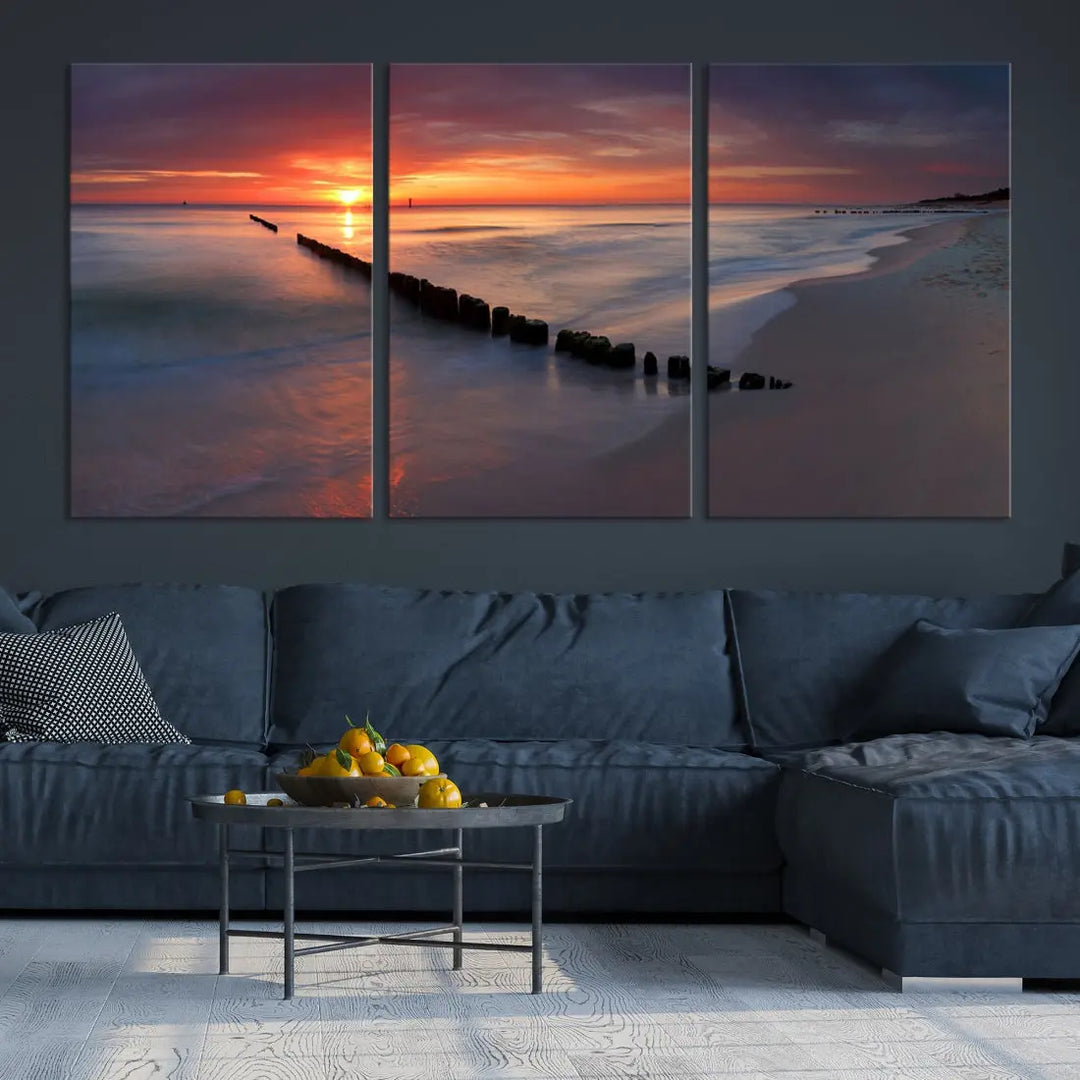 Old Wooden Pier on Beach and Sunset Canvas Wall Art Print for Living Room