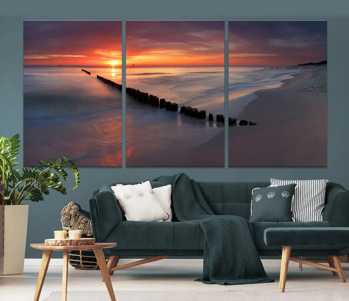 Old Wooden Pier on Beach and Sunset Canvas Wall Art Print for Living Room