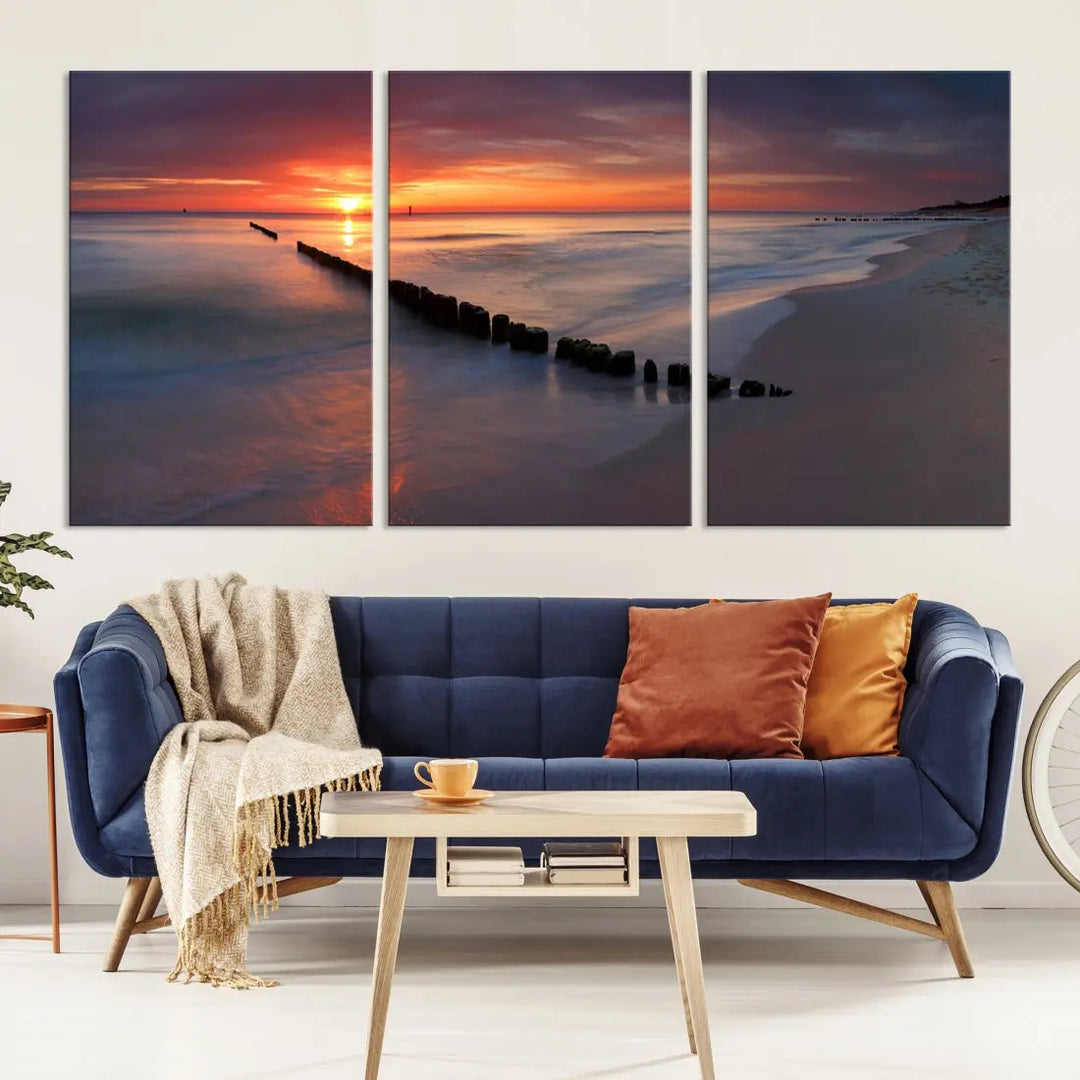 Old Wooden Pier on Beach and Sunset Canvas Wall Art Print for Living Room