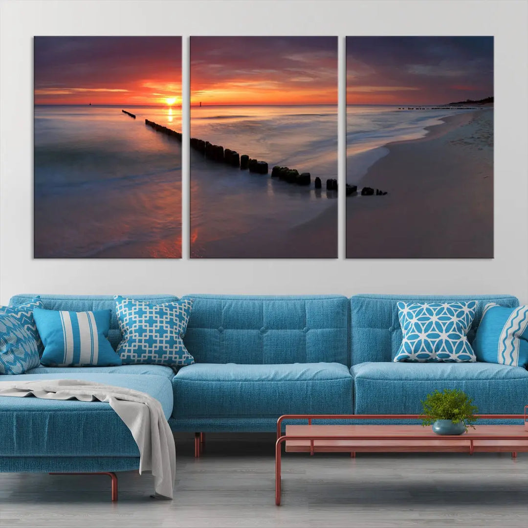 Old Wooden Pier on Beach and Sunset Canvas Wall Art Print for Living Room