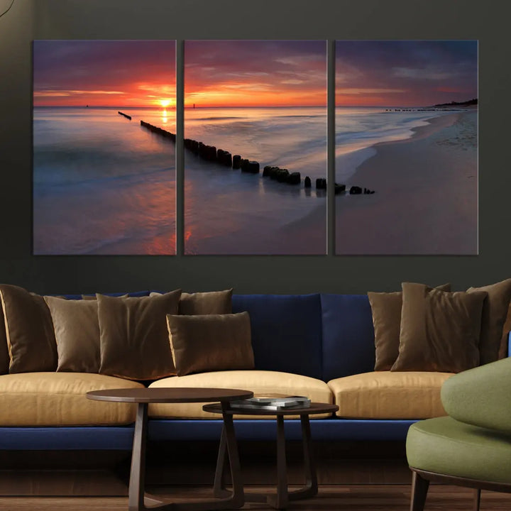 Old Wooden Pier on Beach and Sunset Canvas Wall Art Print for Living Room