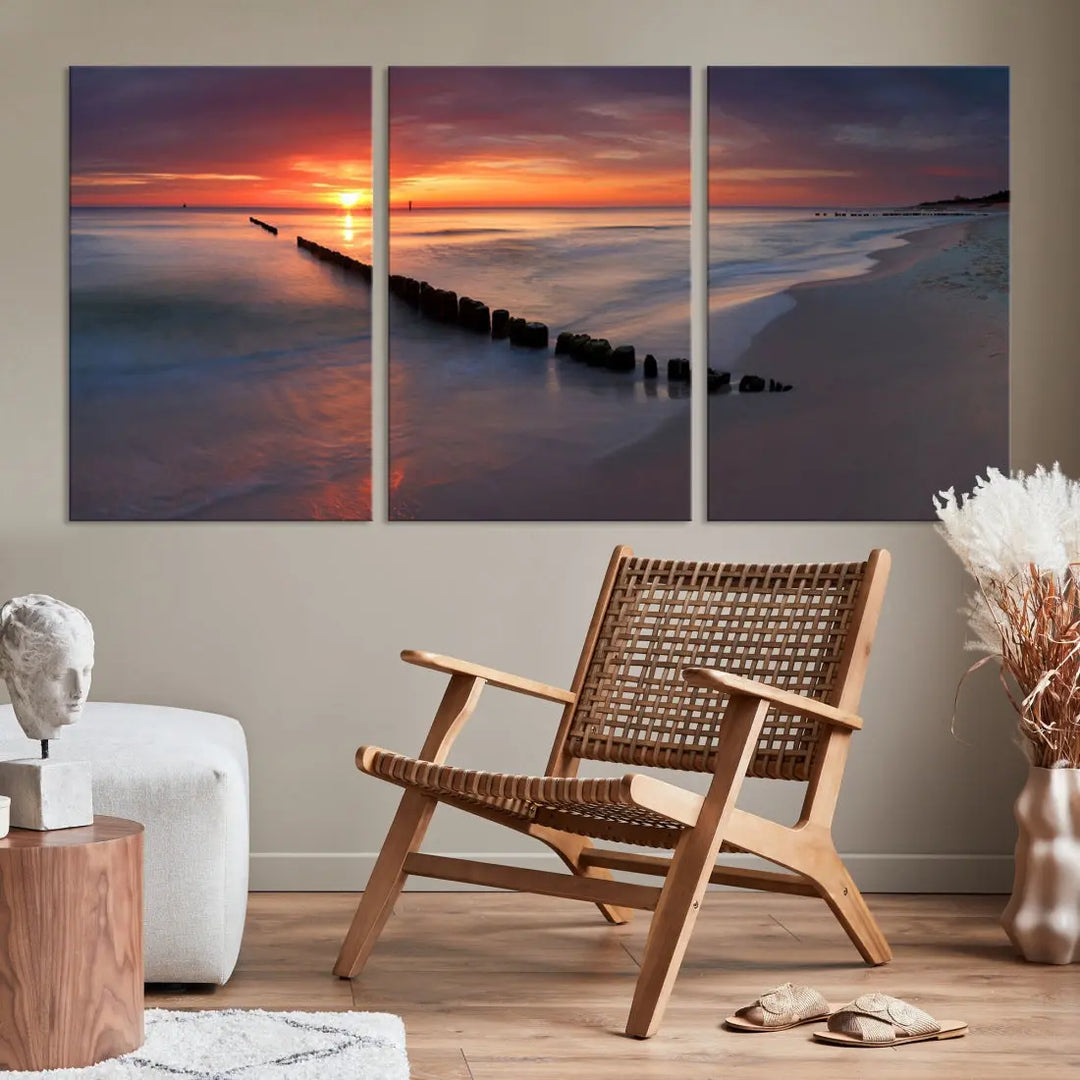 Old Wooden Pier on Beach and Sunset Canvas Wall Art Print for Living Room