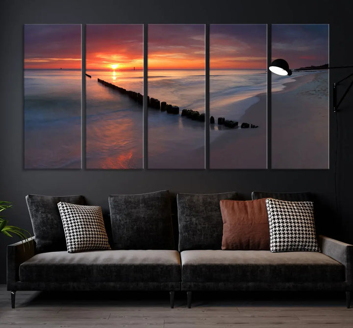 Old Wooden Pier on Beach and Sunset Canvas Wall Art Print for Living Room