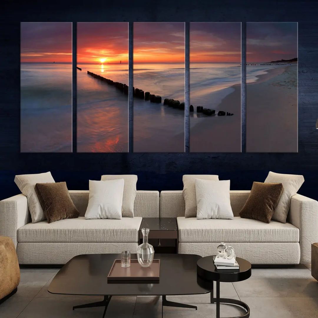 Old Wooden Pier on Beach and Sunset Canvas Wall Art Print for Living Room