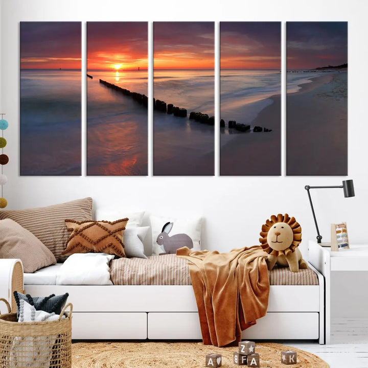 Old Wooden Pier on Beach and Sunset Canvas Wall Art Print for Living Room