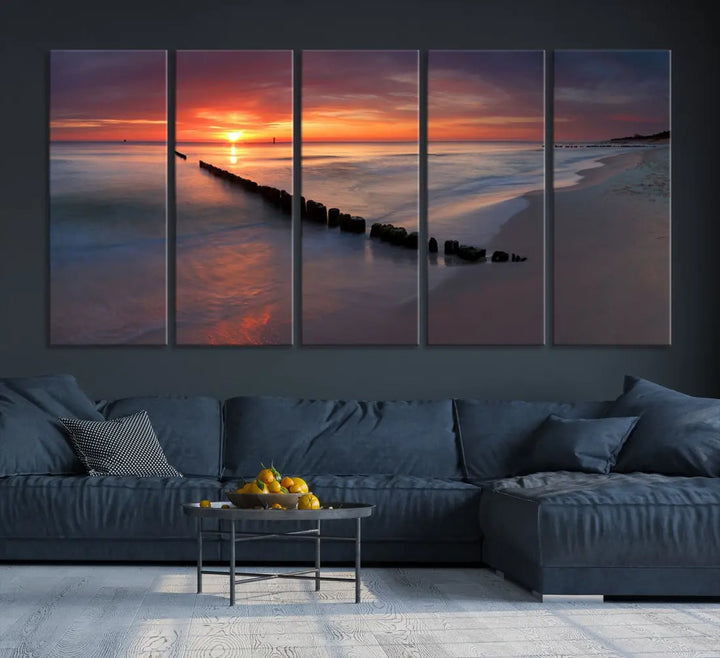 Old Wooden Pier on Beach and Sunset Canvas Wall Art Print for Living Room