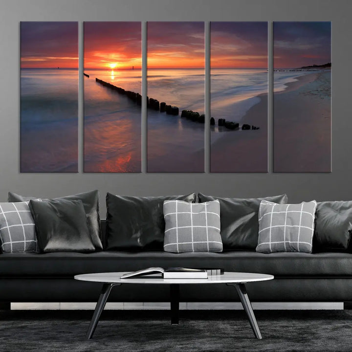 Old Wooden Pier on Beach and Sunset Canvas Wall Art Print for Living Room