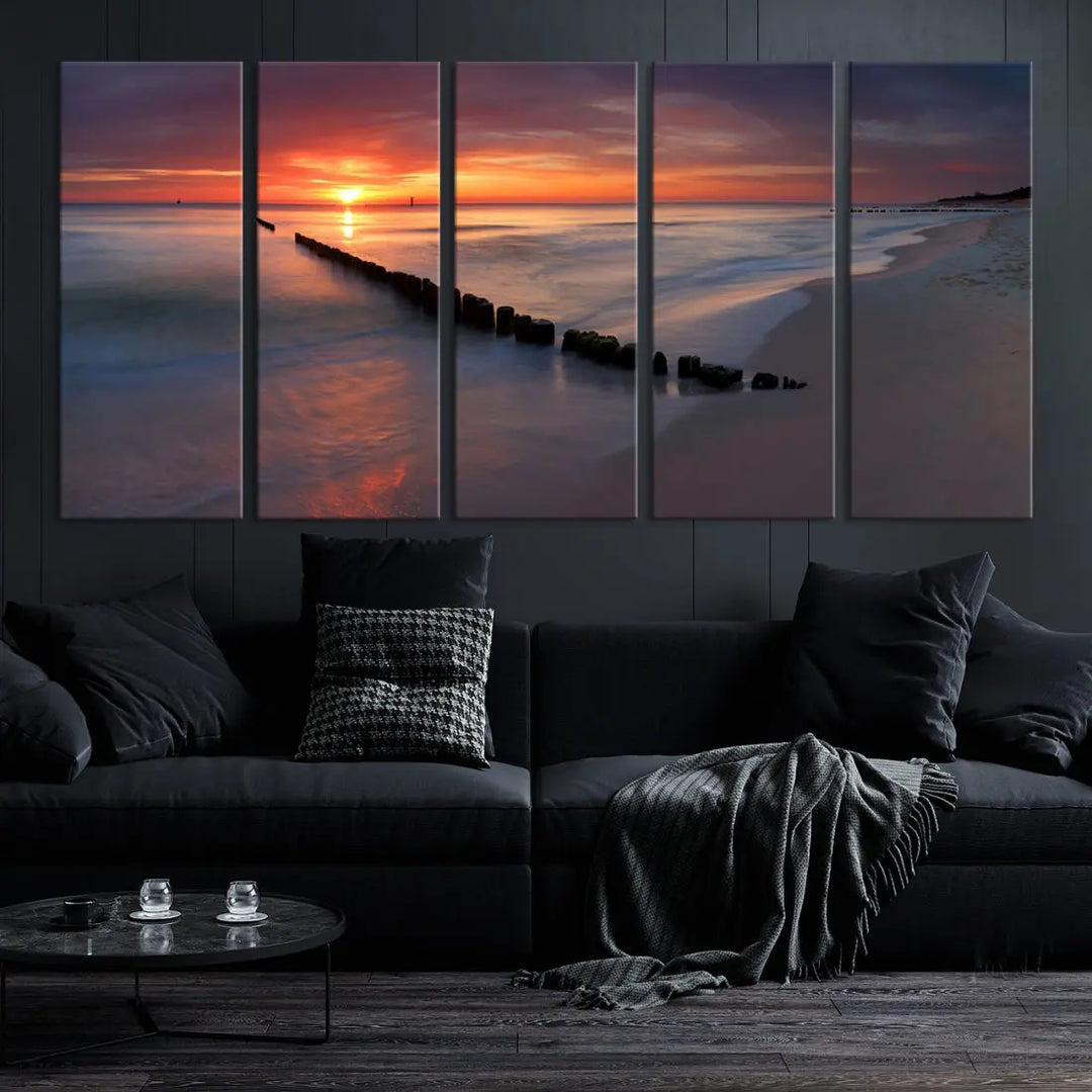 Old Wooden Pier on Beach and Sunset Canvas Wall Art Print for Living Room