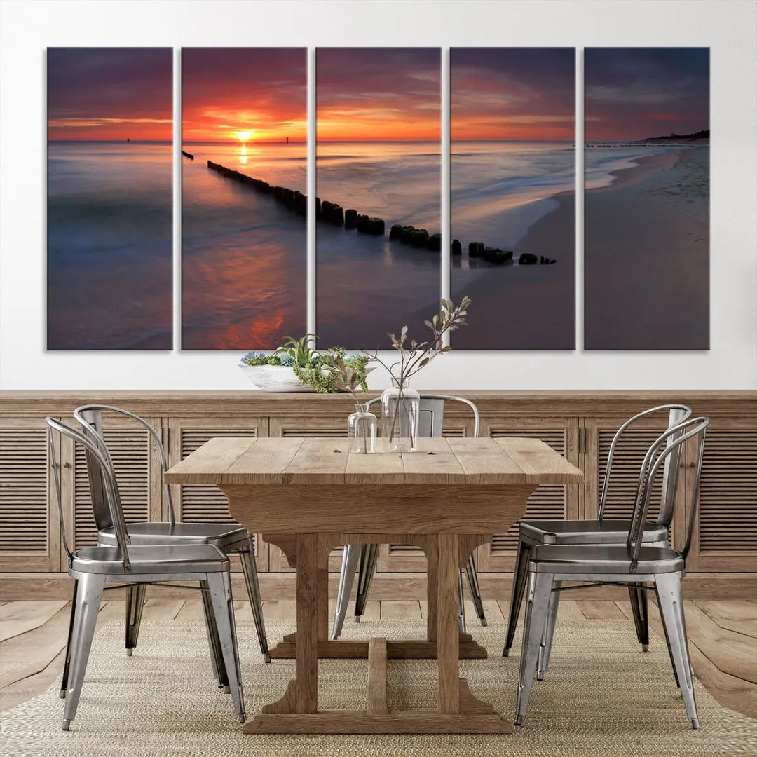 Old Wooden Pier on Beach and Sunset Canvas Wall Art Print for Living Room