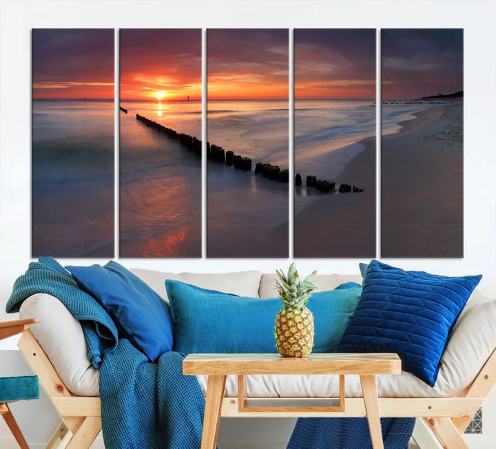 Old Wooden Pier on Beach and Sunset Canvas Wall Art Print for Living Room