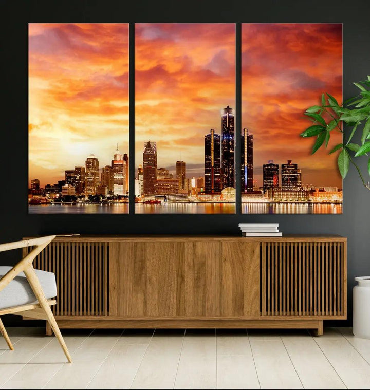 Orange Sunset Detroit Downtown Skyline Image Print Canvas Wall Art