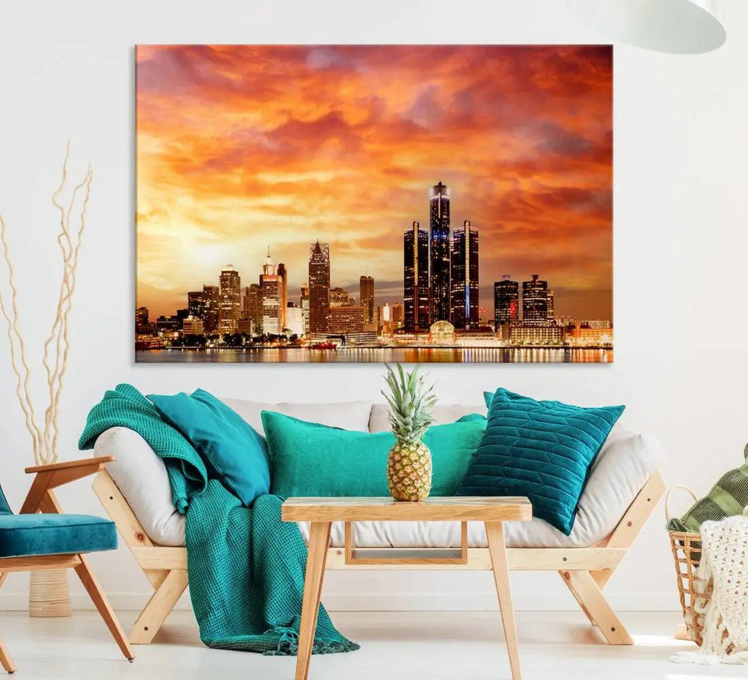 Orange Sunset Detroit Downtown Skyline Image Print Canvas Wall Art