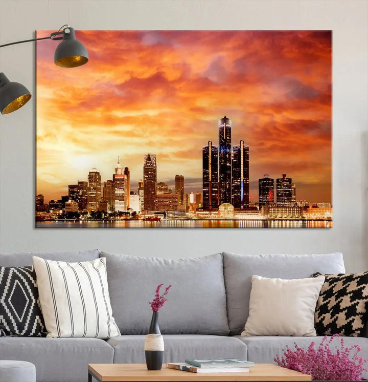 Orange Sunset Detroit Downtown Skyline Image Print Canvas Wall Art