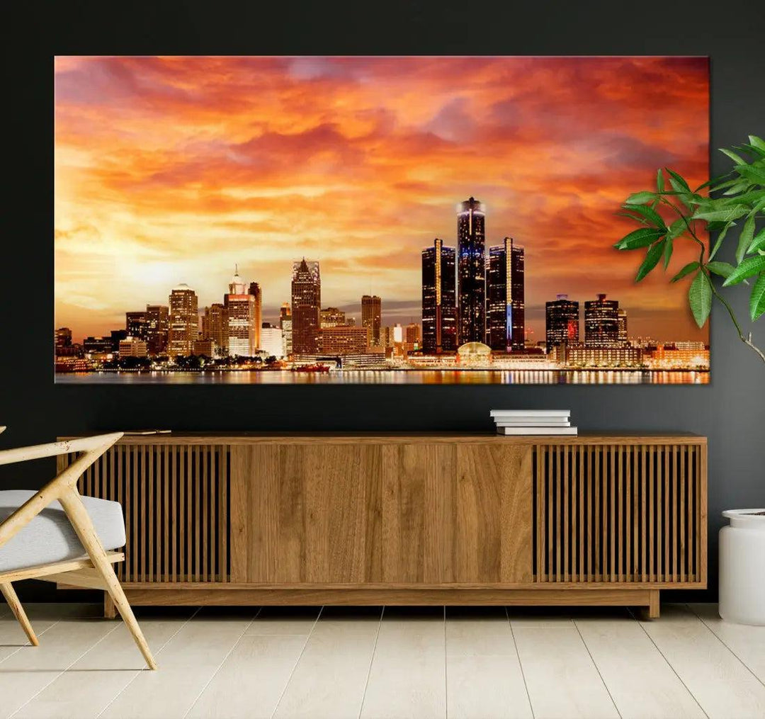 Orange Sunset Detroit Downtown Skyline Image Print Canvas Wall Art