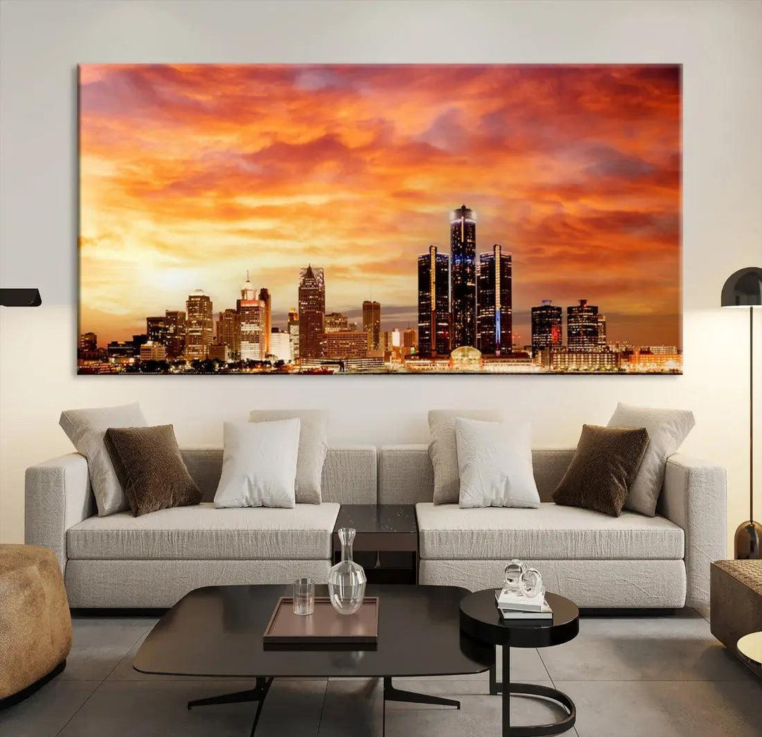 Orange Sunset Detroit Downtown Skyline Image Print Canvas Wall Art