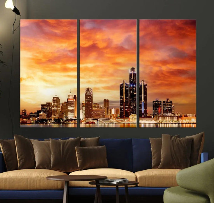 Orange Sunset Detroit Downtown Skyline Image Print Canvas Wall Art