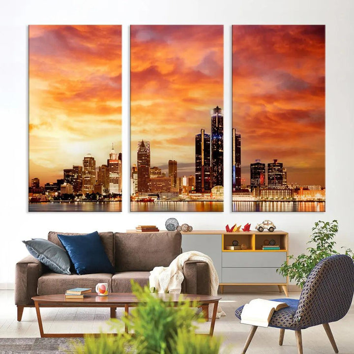 Orange Sunset Detroit Downtown Skyline Image Print Canvas Wall Art