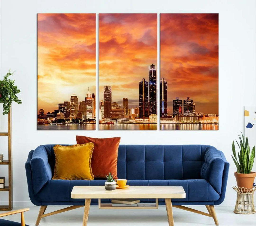 Orange Sunset Detroit Downtown Skyline Image Print Canvas Wall Art