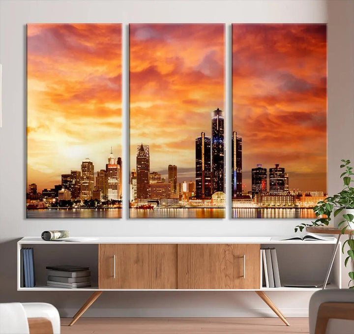 Orange Sunset Detroit Downtown Skyline Image Print Canvas Wall Art