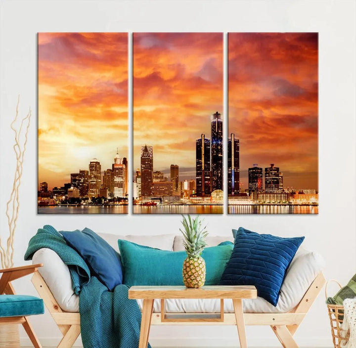 Orange Sunset Detroit Downtown Skyline Image Print Canvas Wall Art