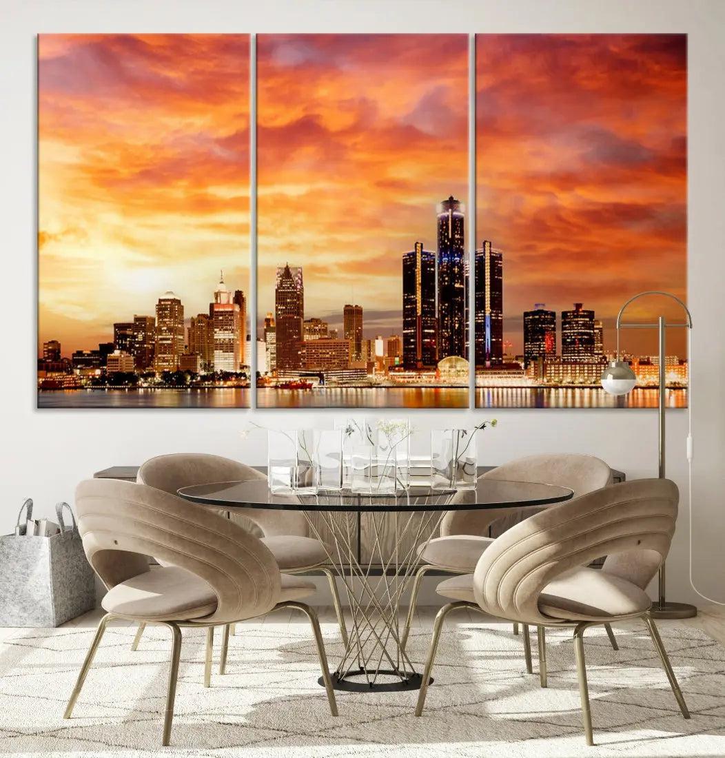 Orange Sunset Detroit Downtown Skyline Image Print Canvas Wall Art