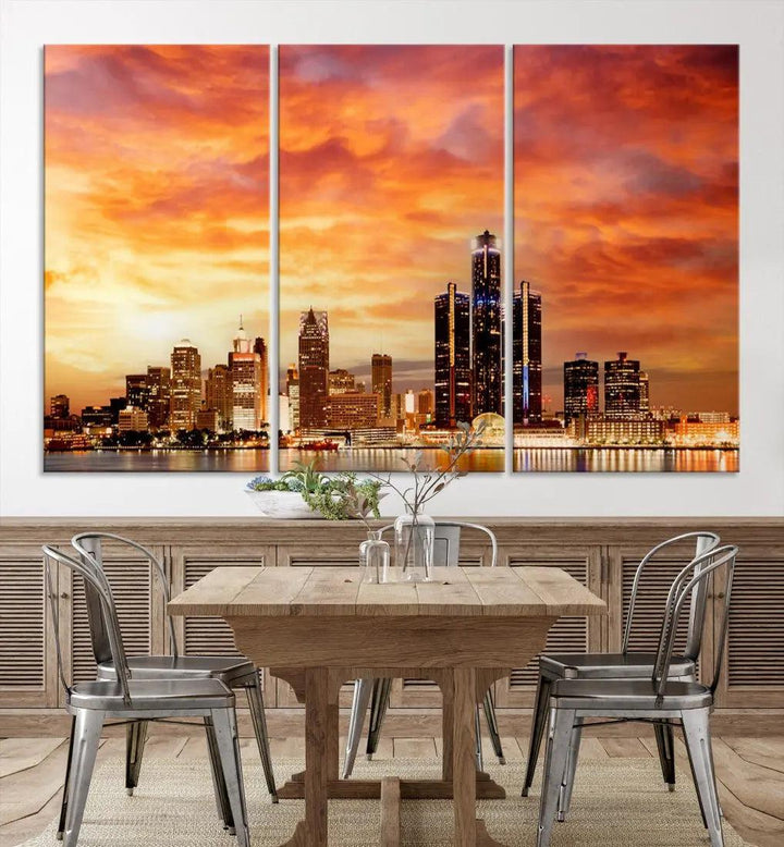 Orange Sunset Detroit Downtown Skyline Image Print Canvas Wall Art