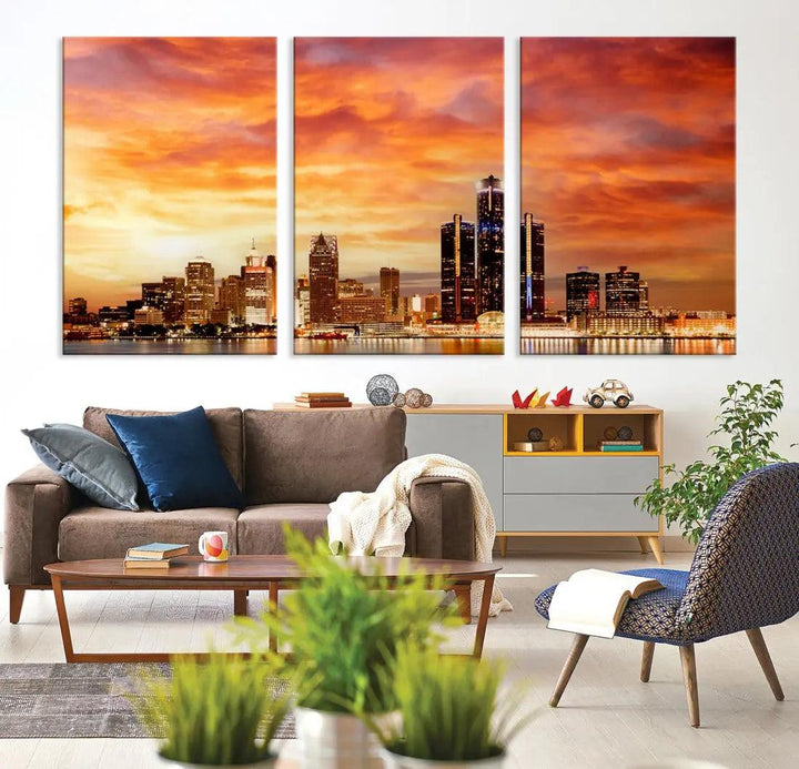 Orange Sunset Detroit Downtown Skyline Image Print Canvas Wall Art