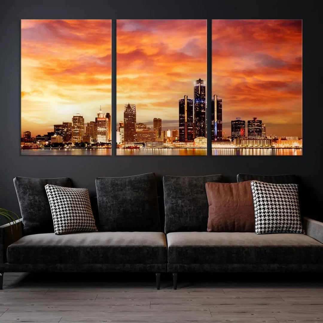 Orange Sunset Detroit Downtown Skyline Image Print Canvas Wall Art