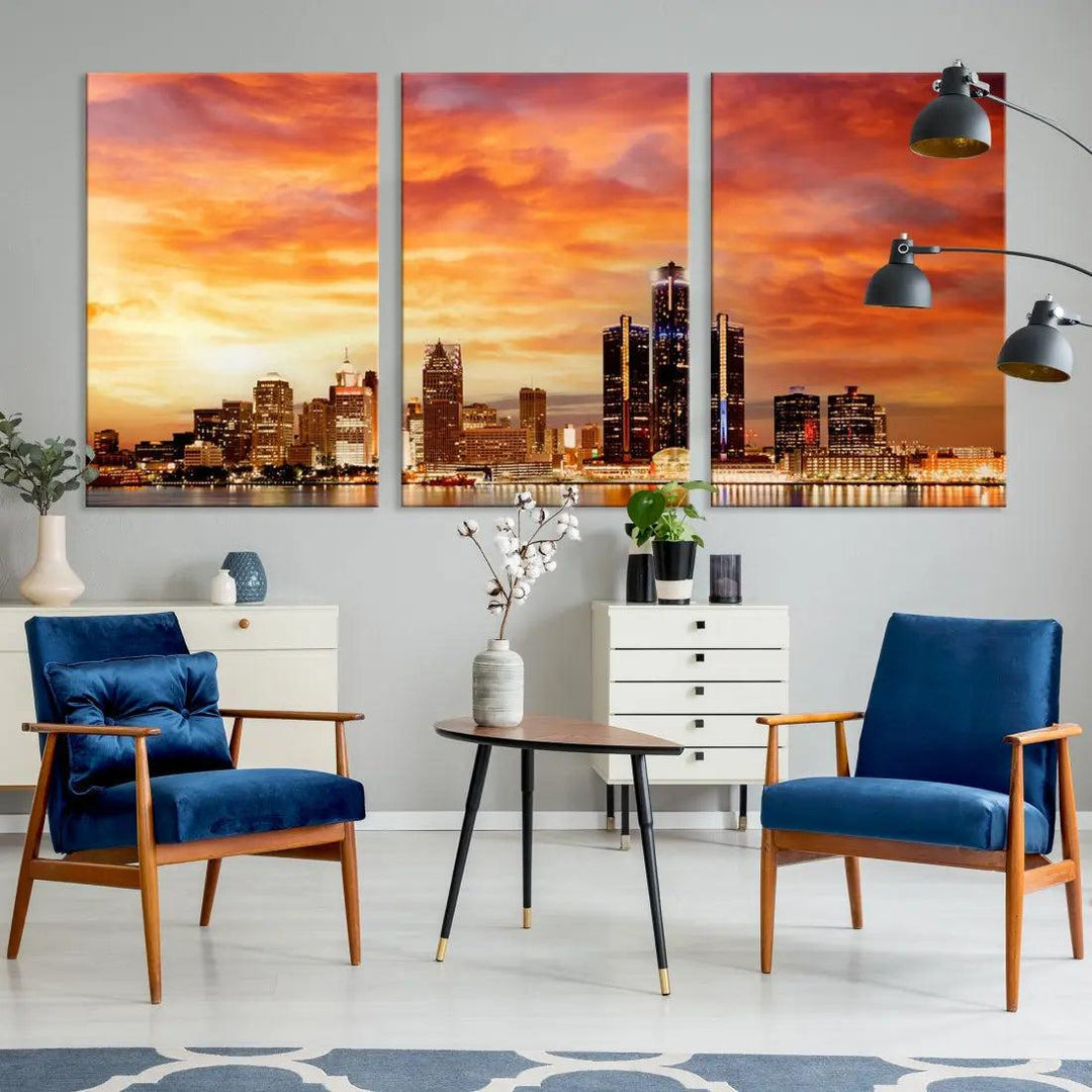 Orange Sunset Detroit Downtown Skyline Image Print Canvas Wall Art